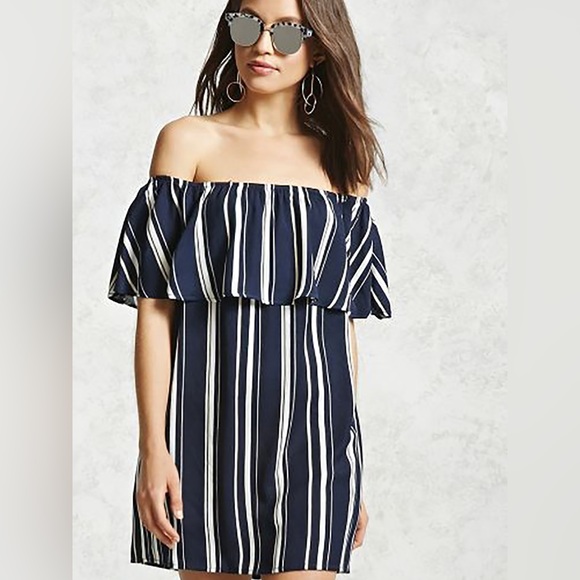 Forever 21 Navy Striped Off-The-Shoulder Shift Dress - Picture 2 of 2